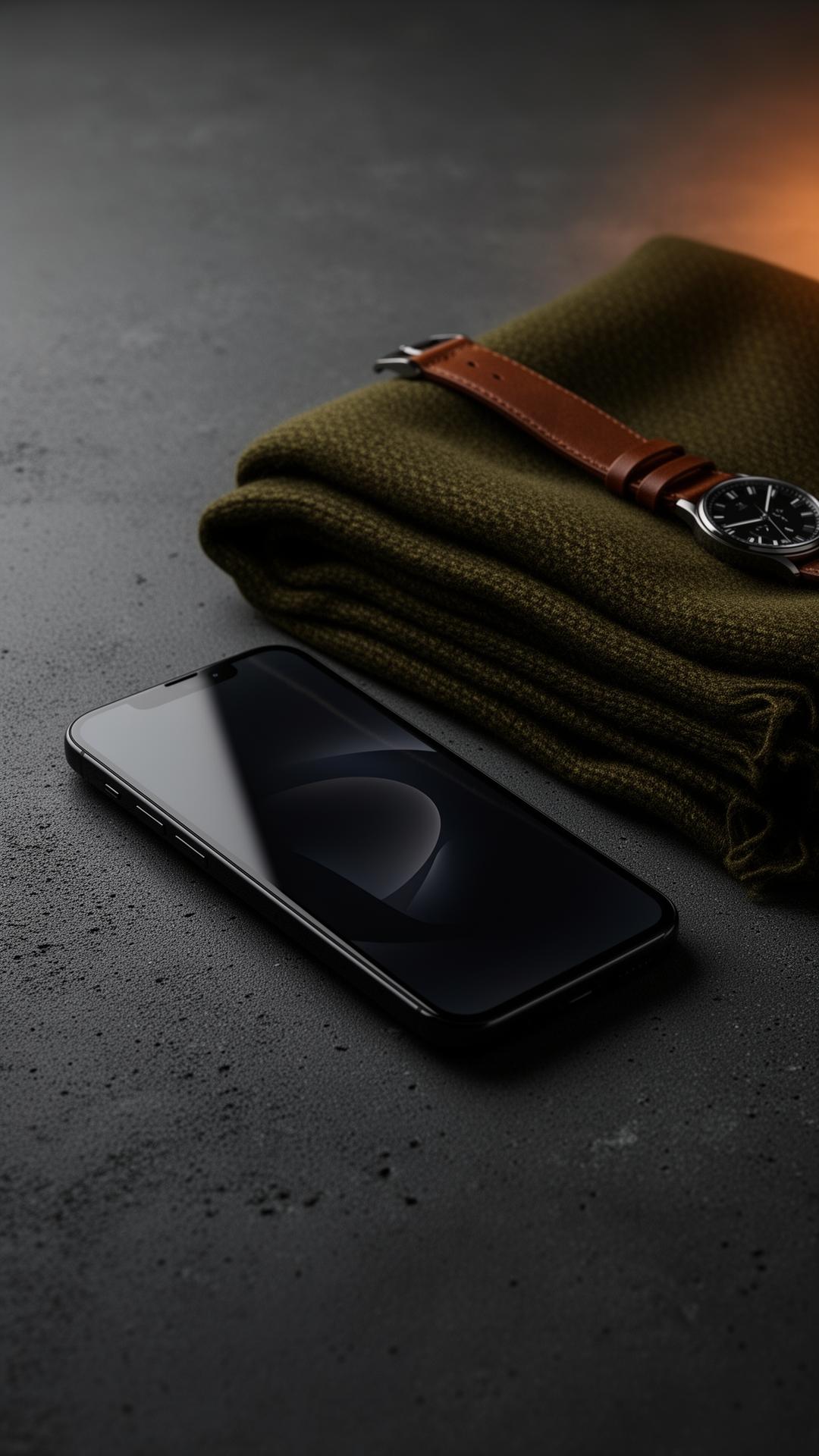Smartphone scuro accanto a sciarpa in lana oliva e orologio in pelle, su superficie graphite