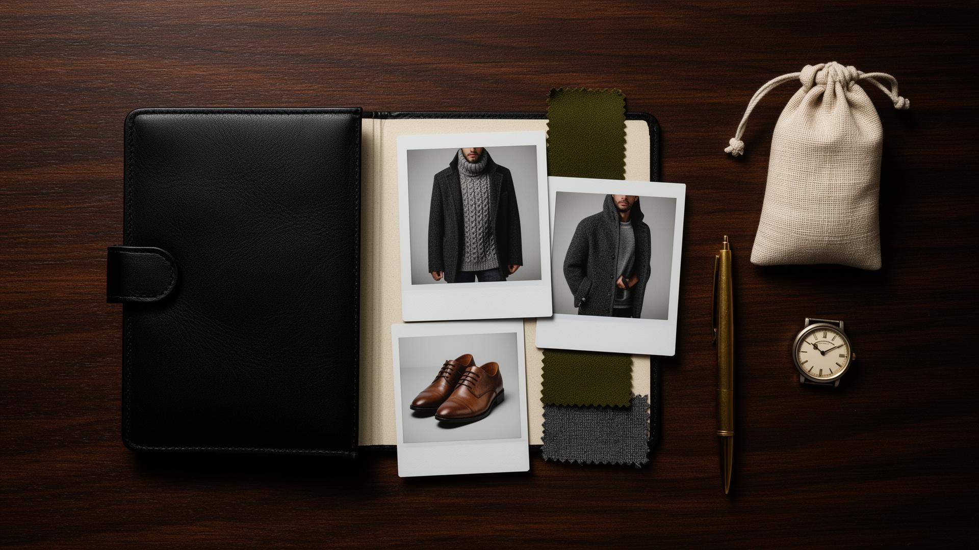 Mood board outfit maschile su scrivania scura con notebook in pelle, polaroid di look e swatch in tessuto