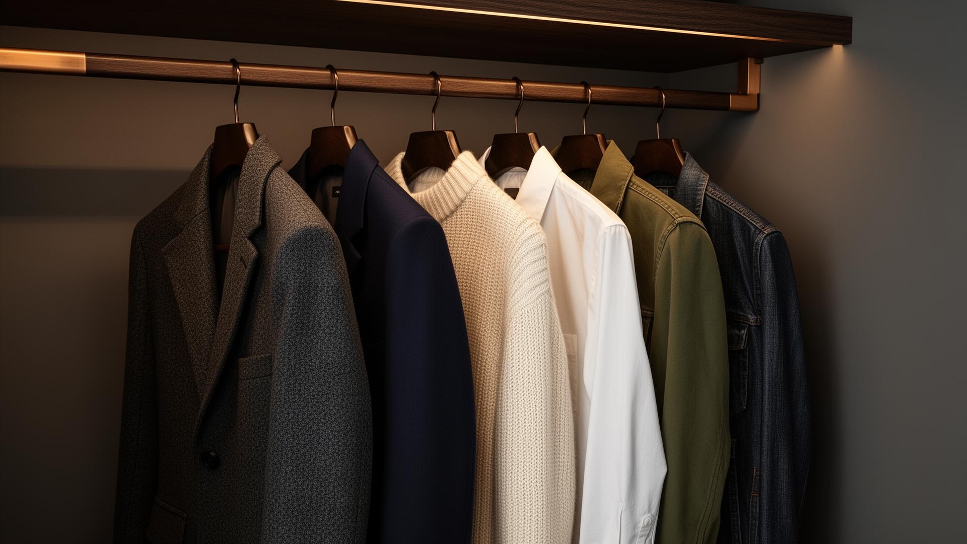 Capi maschili premium appesi in un armadio scuro: cappotto, blazer, knitwear, camicia, giacca olive, denim